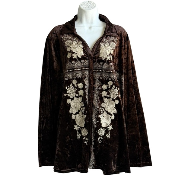 Andree By Unit Velvet Embroidered Boho Tunic Top Plus 2X Long Sleeve Brown - Picture 1 of 4